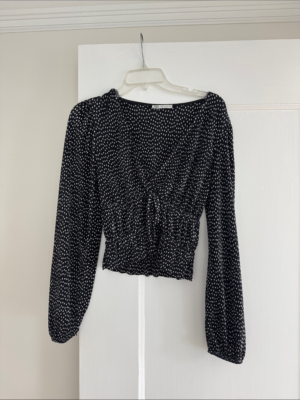 Black & White Polka Dot Long Sleeve Tie-Front Top